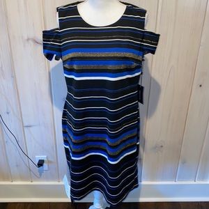 Tommy Hilfiger black blue white and gold striped dress nwt